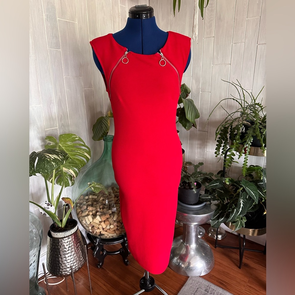 Almost Famous Red Midi Dress with Zipper Detail